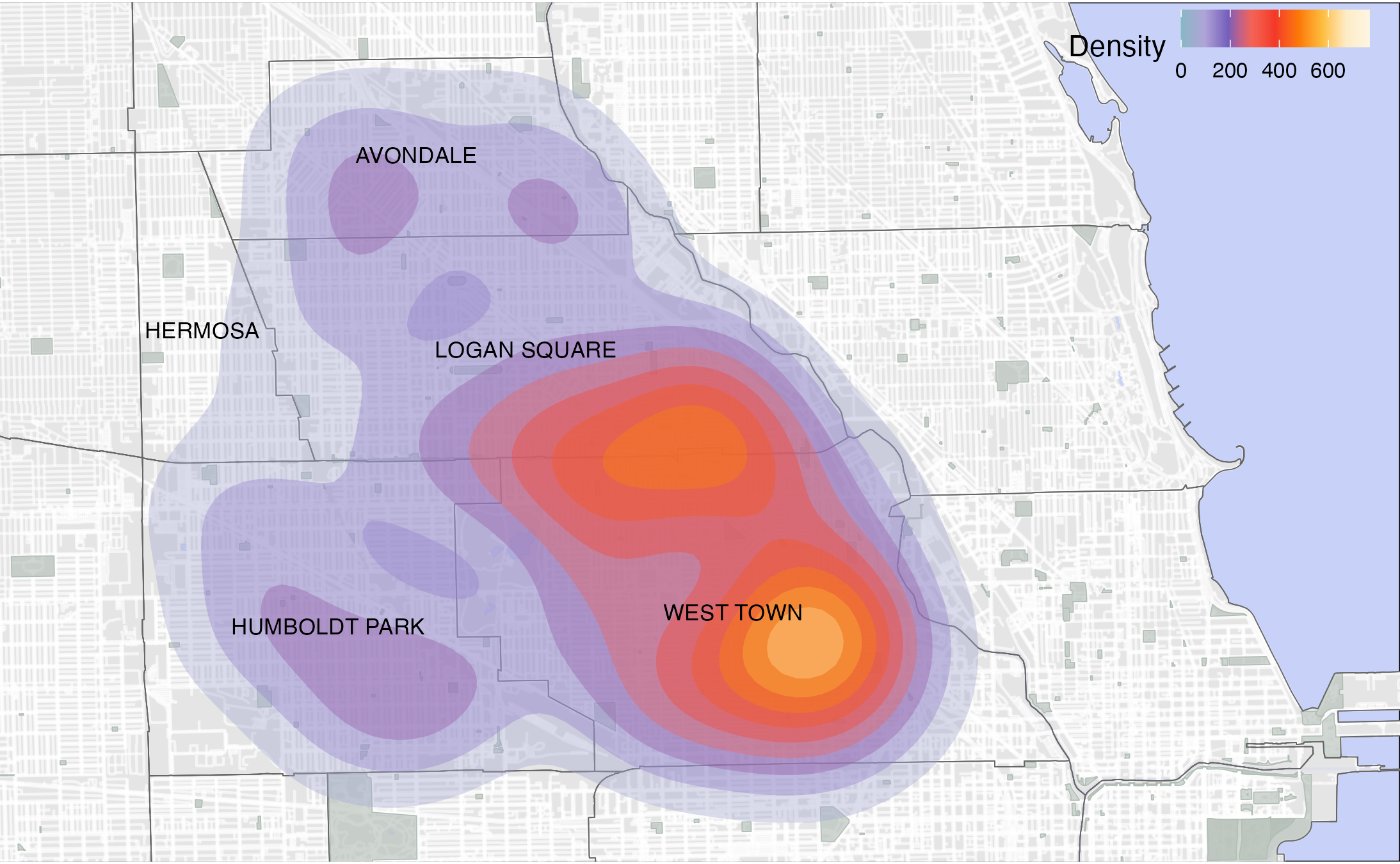 A map of Avondale, Hermosa, Logan Square, Humboldt Park, and Westown. A heat map showing the density of demolitions in those neighborhoods is projected on top of the map for years 2008 to 2010. The majority of demolitions are on the border of Logan Square and West Town with a high density area in the center of West Town. 