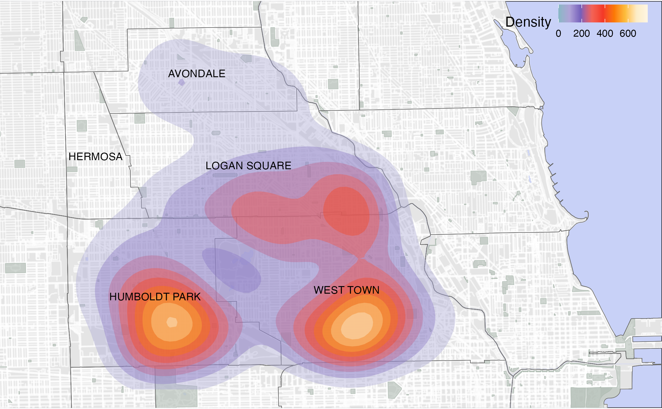 A map of Avondale, Hermosa, Logan Square, Humboldt Park, and Westown. A heat map showing the density of demolitions in those neighborhoods is projected on top of the map for years 2011 to 2013. A high density area is shown in the central/southern part of Humboldt Park and the central/southern part of West Town. There is a slightly less dense cluster along the border of Logan Square and West Town.