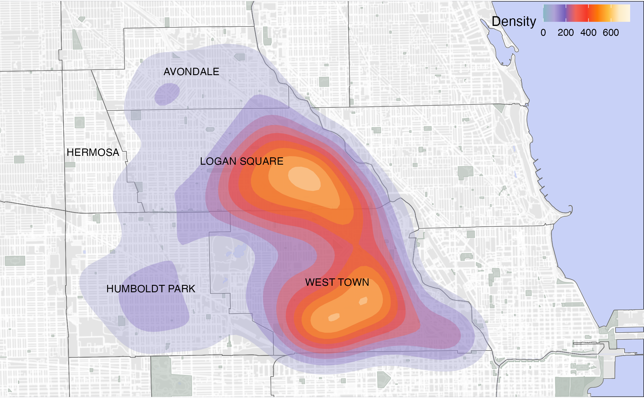 A map of Avondale, Hermosa, Logan Square, Humboldt Park, and Westown. A heat map showing the density of demolitions in those neighborhoods is projected on top of the map for years 2014 to 2016. A large hot spot for demolitions is in eastern logan square, connecting down to a large cluster in the central/southern part of West Town.
